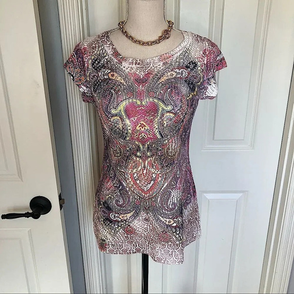 𝅺Unique boho mesh colorful mod shirt size Small/Medium - Picture 1 of 9